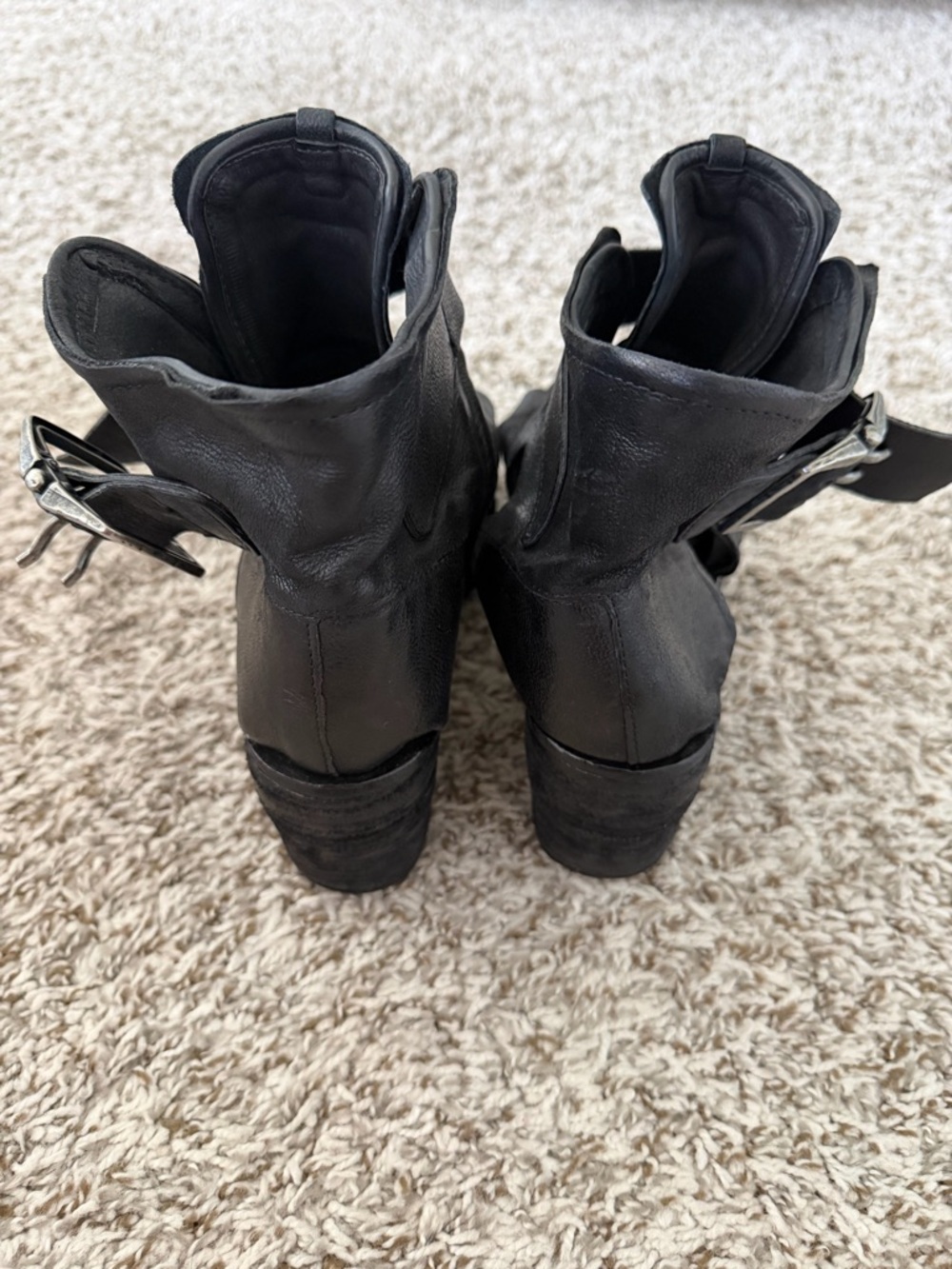 A.S.98 Black Leather Buckle Wedge Ankle Boots